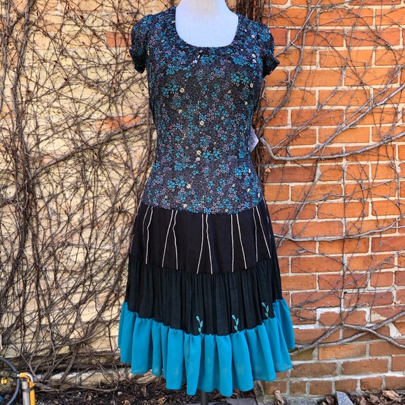 Teal Black EMBODY Dress Flared Boho Festival Small - Picture 3 of 10